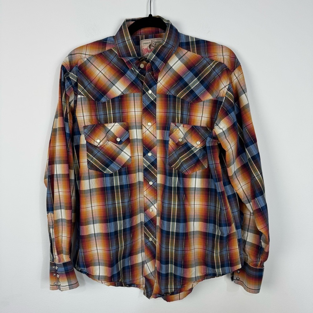 Wrangler Blue & Orange Plaid Pearl Snap Long Sleeve Western Rodeo